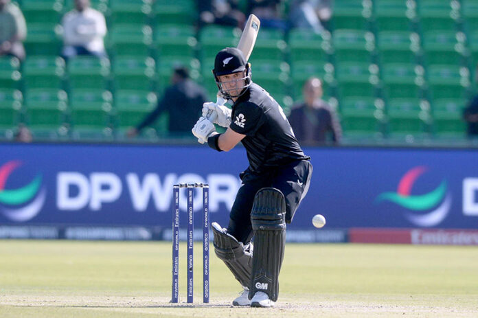 New Zealand batter Will Young playing shot during the ICC Champions Trophy one-day international (ODI) Semi-Final cricket match against South Africa at the Gaddafi Stadium