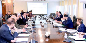 : March 6 - Federal Minister for Finance and Revenue, Senator Muhammad Aurangzeb meeting with the leadership of the All Pakistan Textile Mills Association (APTMA) at the Finance Division. APP/ABB