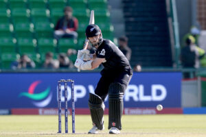 New Zealand batter Will Young playing shot during the ICC Champions Trophy one-day international (ODI) Semi-Final cricket match against South Africa at the Gaddafi Stadium