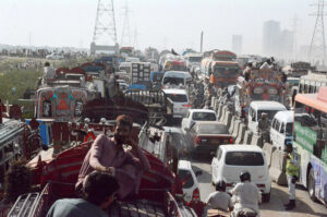 A massive traffic jams at Korangi River due to repair work at Jam Sadiq Bridge