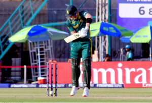 South Africa's Tristan Stubbs clean bowled during the ICC Champions Trophy one-day international (ODI) cricket match between England and South Africa at National Stadium