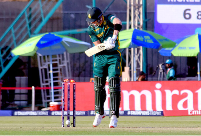 South Africa's Tristan Stubbs clean bowled during the ICC Champions Trophy one-day international (ODI) cricket match between England and South Africa at National Stadium