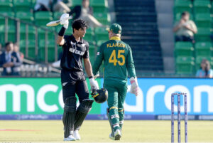 New Zealand batter Racin Ravindra playing shot during the ICC Champions Trophy one-day international (ODI) semi-final cricket match between New Zealand and South Africa at the Gaddafi Stadium