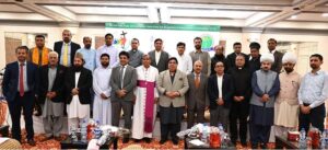 Minister of State for Religious Affairs and Inter-Faith Harmony Kheal Das Kohistani with other participants during Inter-Religious Iftar Dinner at local Hotel