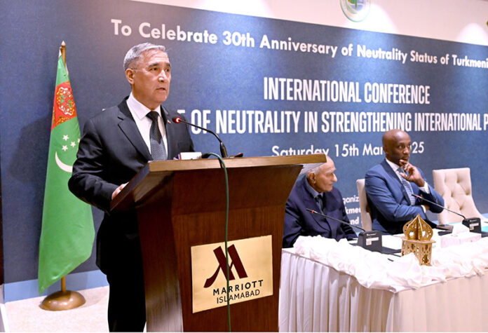 Ambassador of Turkmenistan to Pakistan, Atajan Movlamov addresses the International Conference on ‘The Role of Neutrality in Strengthening International PEACE’ organized by Embassy of Turkmenistan to Pakistan with the collaboration of Institute of Peace and Diplomatic Studies to celebrate 30th Anniversary of Neutrality Status of Turkmenistan at a local hotel