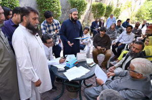 Defense Minister Khawaja Muhammad Asif is listening to the publics complains at his residence in Cantt.