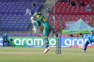 South Africa's Ryan Rickelton plays a shot during the ICC Champions Trophy one-day international (ODI) cricket match between England and South Africa at National Stadium