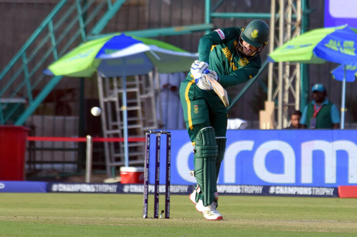 South Africa's Ryan Rickelton plays a shot during the ICC Champions Trophy one-day international (ODI) cricket match between England and South Africa at National Stadium