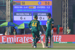 South Africa's Ryan Rickelton plays a shot during the ICC Champions Trophy one-day international (ODI) cricket match between England and South Africa at National Stadium