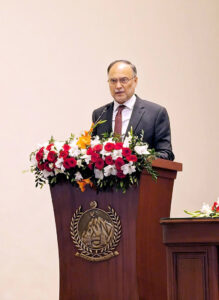 Federal Minister for Planning & Development, Ahsan Iqbal addressing the Provincial Consultative Workshop on URAAN Pakistan at the Chief Minister's House, Peshawar, emphasizing collaborative efforts for sustainable development