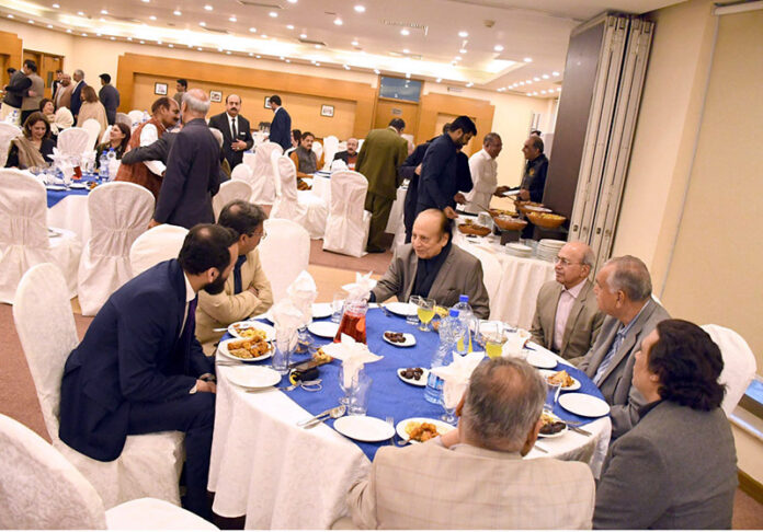 Federal Minister for Information and Broadcasting Atta Tarar, SAPM Tariq Fatmi and Saeed Mehdi, former Principal Secretary to PM at an Iftar hosted by former Federal Information Secretary Anwer Mahmood for senior media persons and senior serving and retired officers