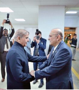 Prime Minister Muhammad Shehbaz Sharif receives President Asif Ali Zardari as he arrives at the Parliament House to address Joint session of the Parliament.