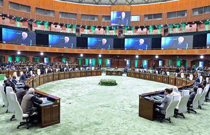 Prime Minister Muhammad Shehbaz Sharif addresses the special meeting of the Federal Cabinet, convened to review the 1 year performance of the Federal Government