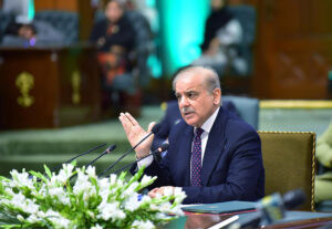 Prime Minister Muhammad Shehbaz Sharif addresses the special meeting of the Federal Cabinet, convened to review the 1 year performance of the Federal Government