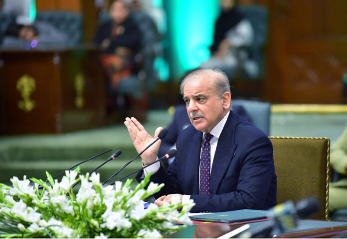 Prime Minister Muhammad Shehbaz Sharif addresses the special meeting of the Federal Cabinet, convened to review the 1 year performance of the Federal Government