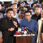 Governor Sindh Kamran Khan Tessori along with Federal Minister Dr. Khalid Maqbool Siddiqui talking to Media during visit at Aisha Manzil Federal B. Area.