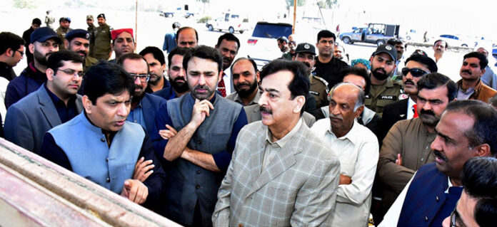 Senate Chairman Syed Yousaf Raza Gillani reviewing the construction work of the under-construction Yousaf Raza Gillani Cadet College. Commissioner Multan Amir Karim Khan, MNA Syed Ali Musa Gillani, and MPA Rana Iqbal Siraj are also accompanying him