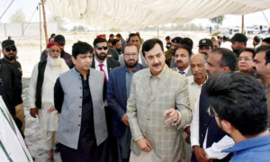 Senate Chairman Syed Yousaf Raza Gillani reviewing the construction work of the under-construction Yousaf Raza Gillani Cadet College. Commissioner Multan Amir Karim Khan, MNA Syed Ali Musa Gillani, and MPA Rana Iqbal Siraj are also accompanying him