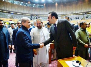 Prime Minister Muhammad Shehbaz Sharif interacts with MNA, Bilawal Bhutto Zardari in the Joint session of the Parliament.