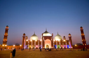 A well decorated view of historical mosque Badshahi Masjid during the holy fasting month of Ramzan-ul-Mubarak.