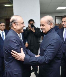 Prime Minister Muhammad Shahbaz Sharif welcoming President Asif Ali Zardari upon his arrival at Parliament House to address the Joint Session of the Parliament.