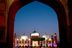 A well decorated view of historical mosque Badshahi Masjid during the holy fasting month of Ramzan-ul-Mubarak.