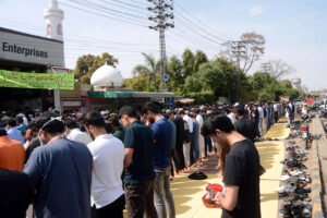 People offering first Friday prayers during Holy Fasting month of Ramzan ul Mubarak at Sahaba Masjid