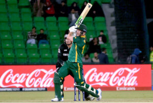 South Africa batter David Miller plays shot (scored century) during the ICC Champions Trophy one-day international (ODI) semi-final cricket match between New Zealand and South Africa at the Gaddafi Stadium. New Zealand won the match by 50 runs and secured its place in final with India