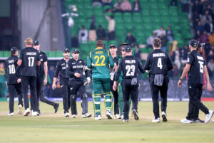 South Africa batter David Miller plays shot (scored century) during the ICC Champions Trophy one-day international (ODI) semi-final cricket match between New Zealand and South Africa at the Gaddafi Stadium. New Zealand won the match by 50 runs and secured its place in final with India