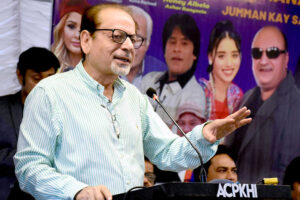 President Arts Council of Pakistan (ACP) Karachi, Muhammad Ahmed Shah addressing during opening ceremony of Urdu comedy theatre play; Eid Manao Juman Ke Sang at ACP